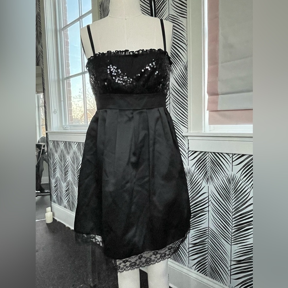 Betsey Johnson Black Sequin Pleated Babydoll Dress